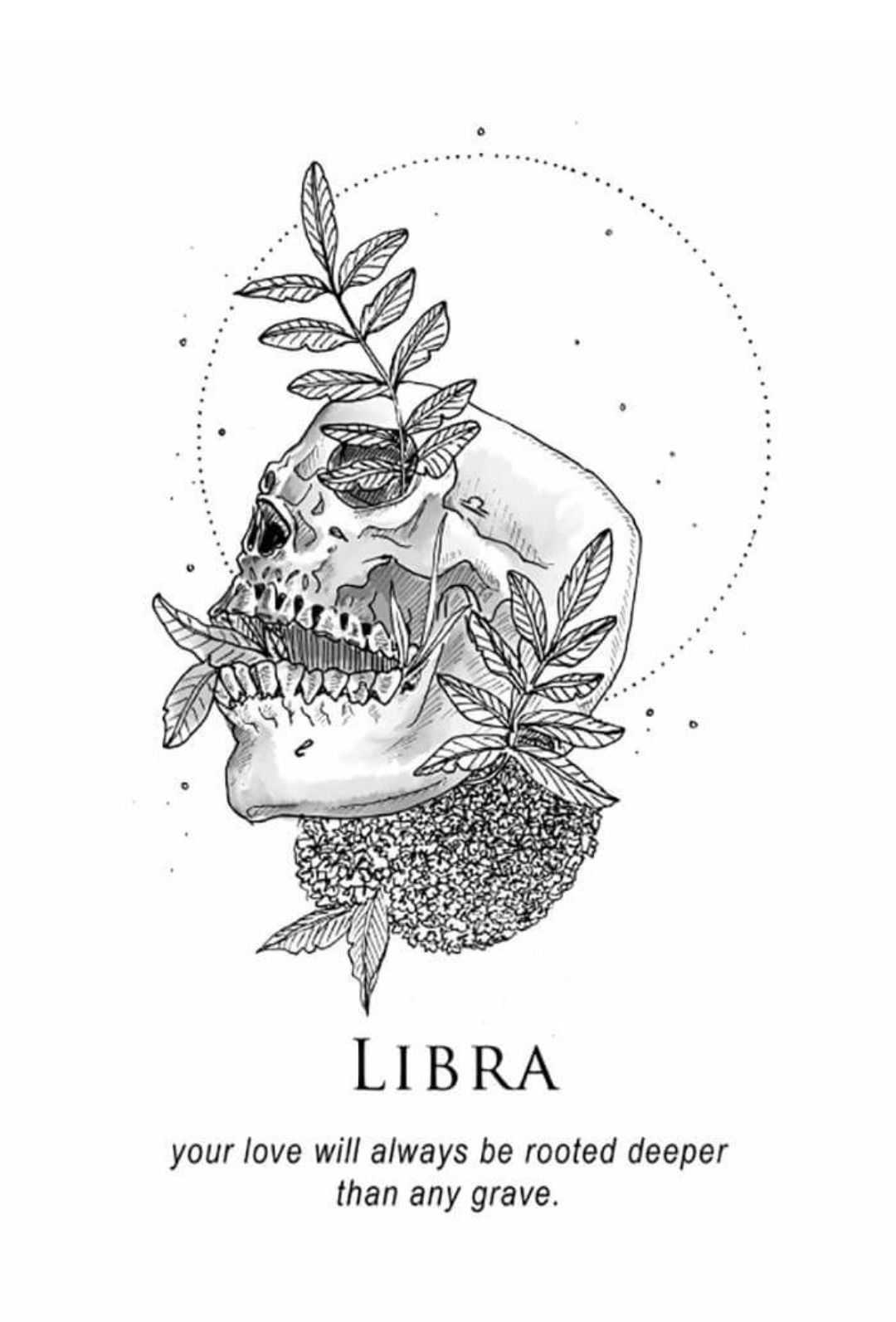 An illustration of a skull with leaves and flowers growing out of it. - Libra