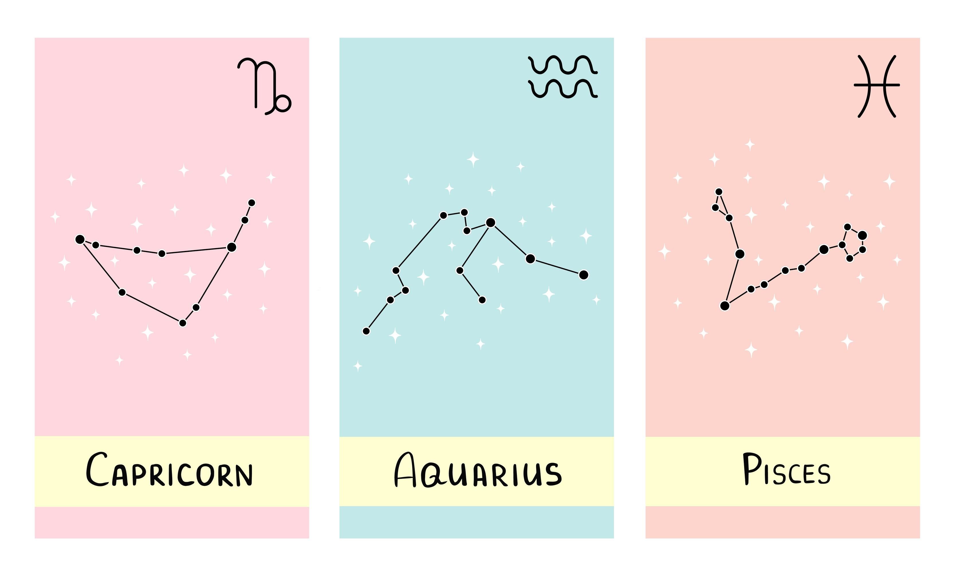 Star constellation zodiac aquarius, capricorn, pisces. Illustration for printing, background, wallpaper, covers, packaging, greeting cards, posters, stickers, textile and seasonal design