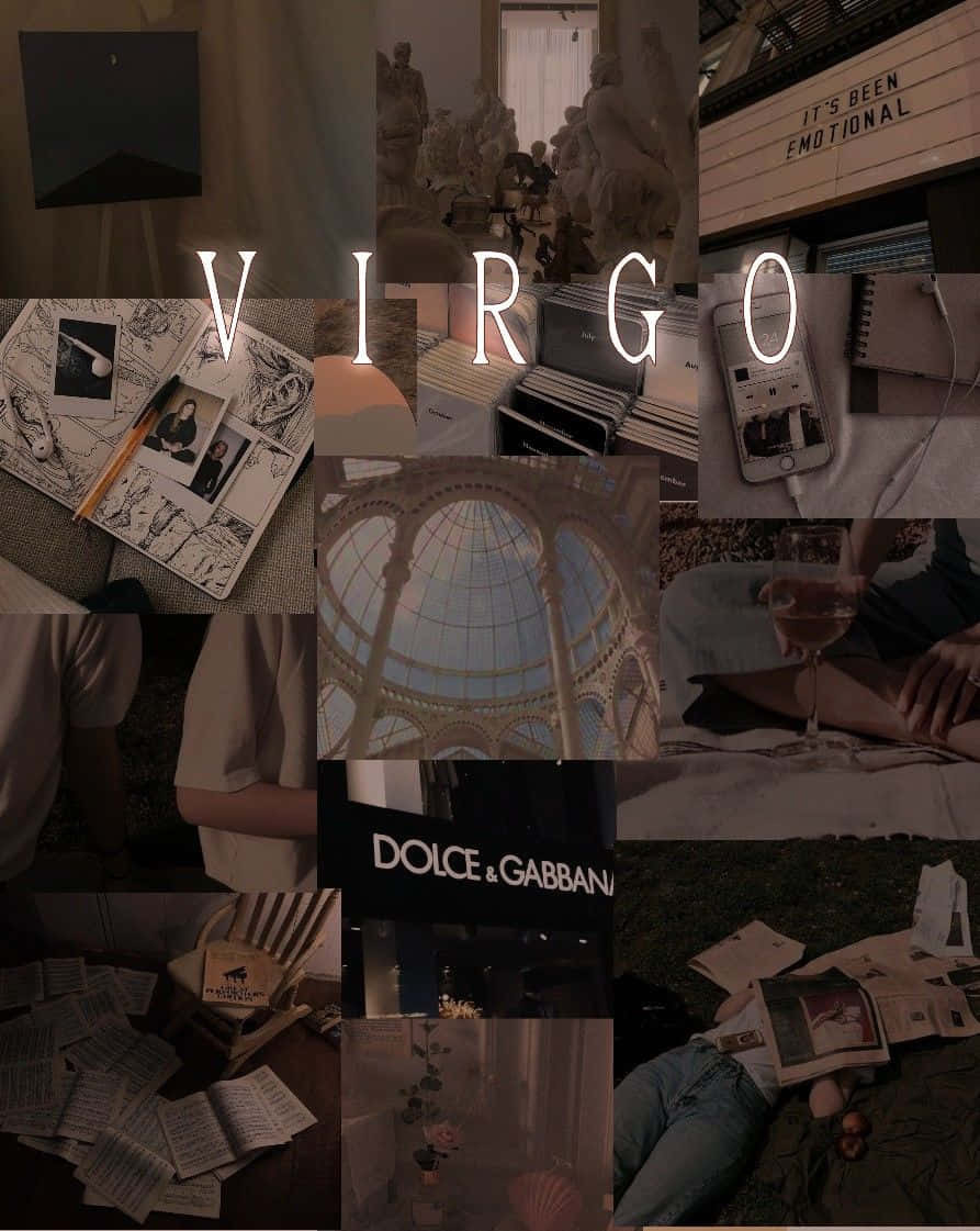 Aesthetic collage wallpaper of Virgo sign, books, handbag, clock, phone, and perfume. - Virgo