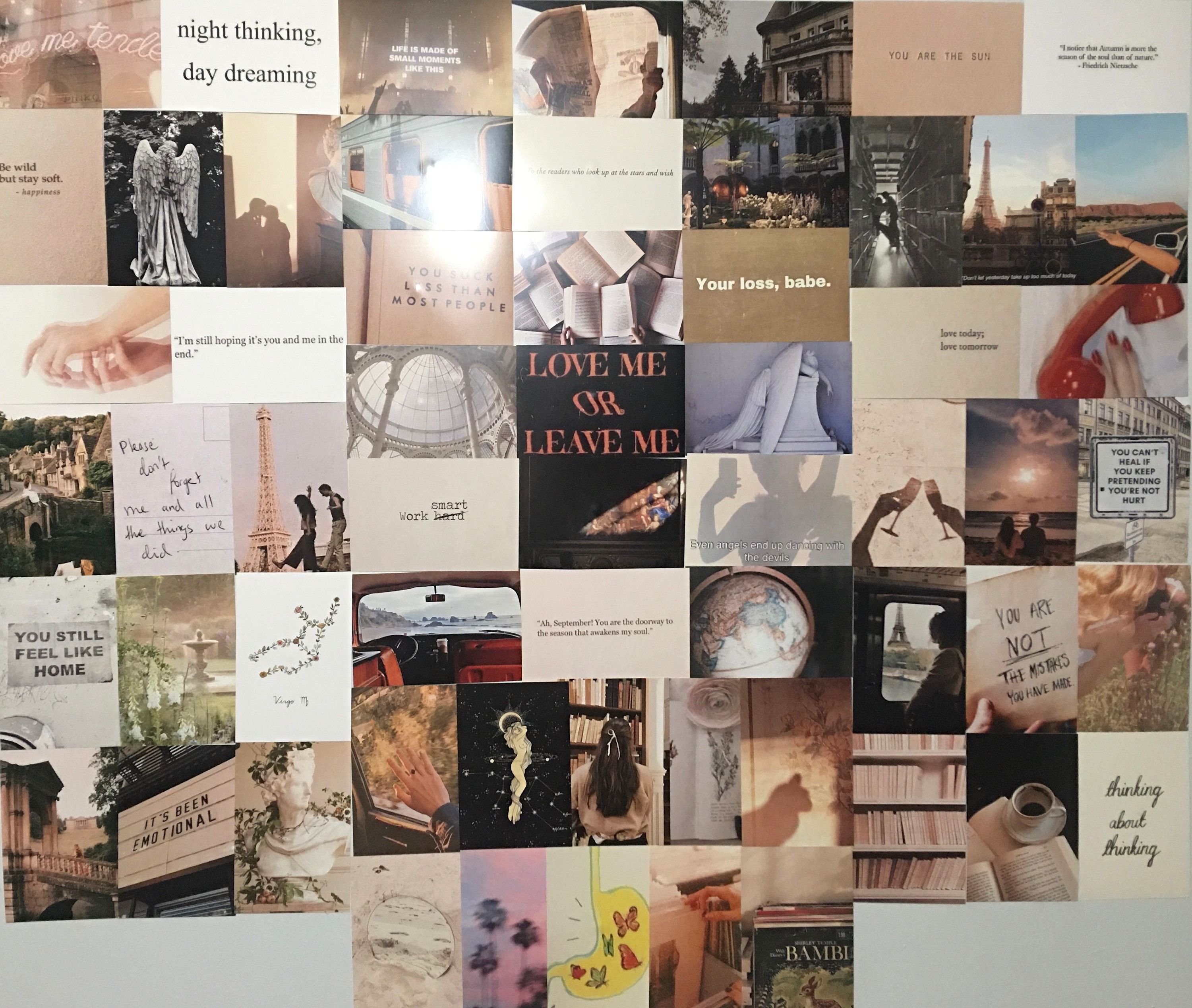 A collage of photos, quotes, and other items on a wall. - Virgo