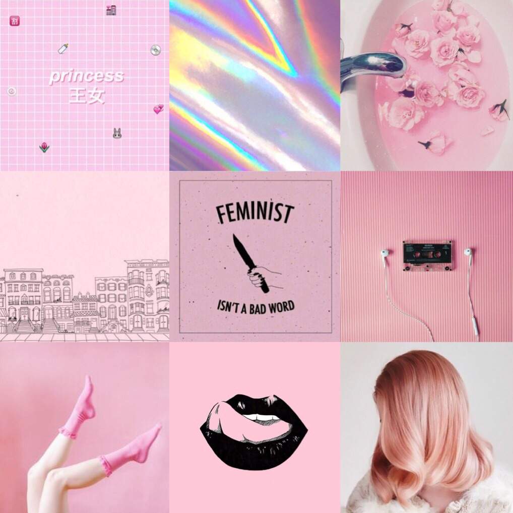 A collage of pink aesthetic images including princess, feminist, and a girl with pink hair - Virgo