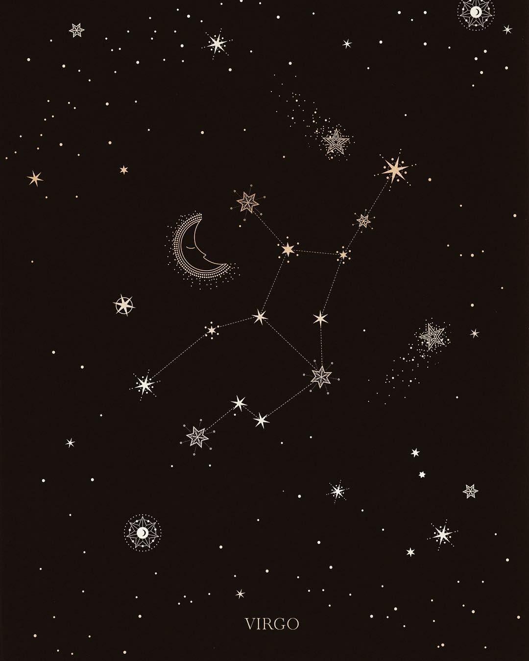 A black poster with Virgo's zodiac sign surrounded by stars - Virgo