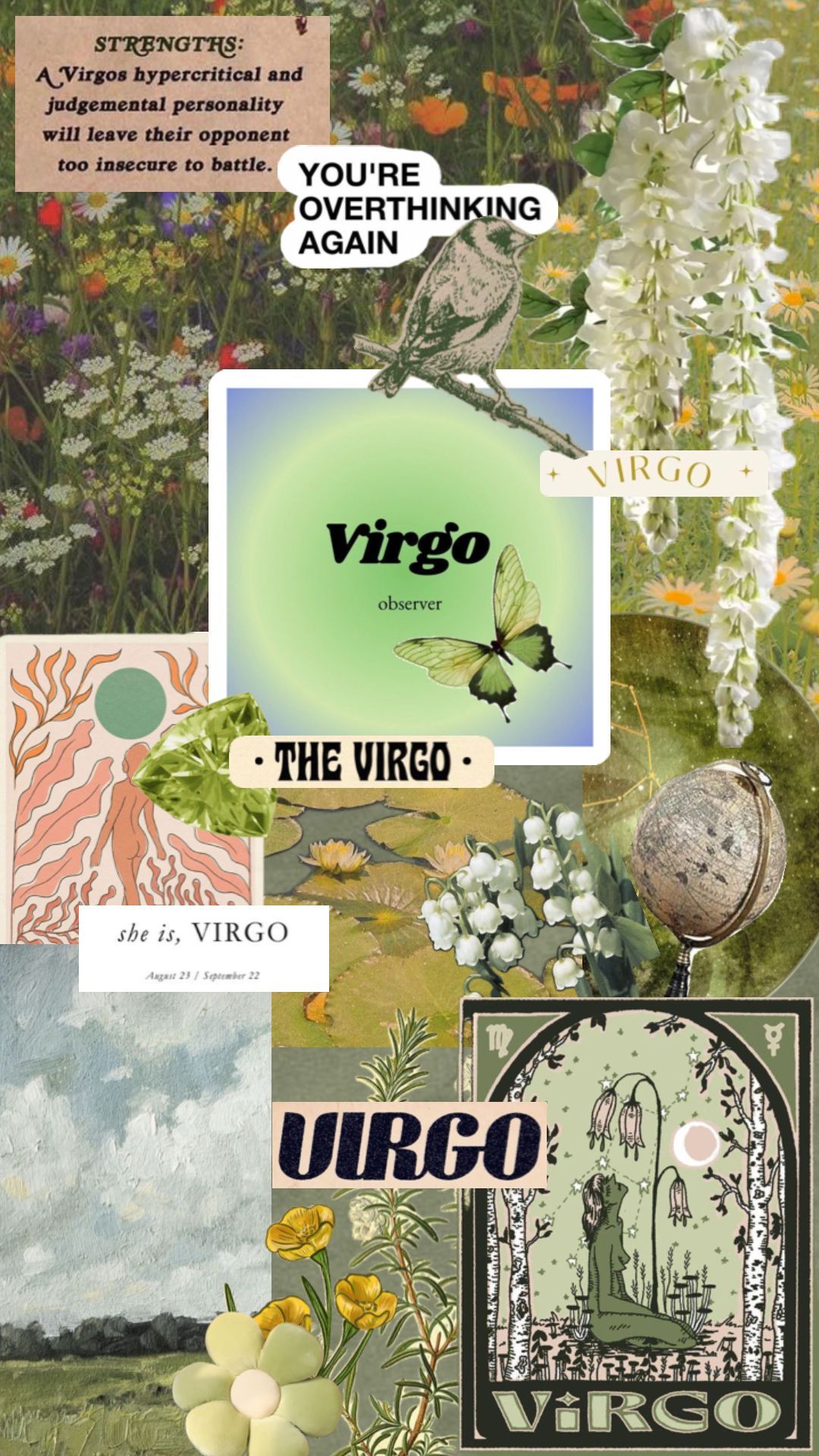 A collage of Virgo imagery including flowers, a butterfly, and a green Virgo sign. - Virgo