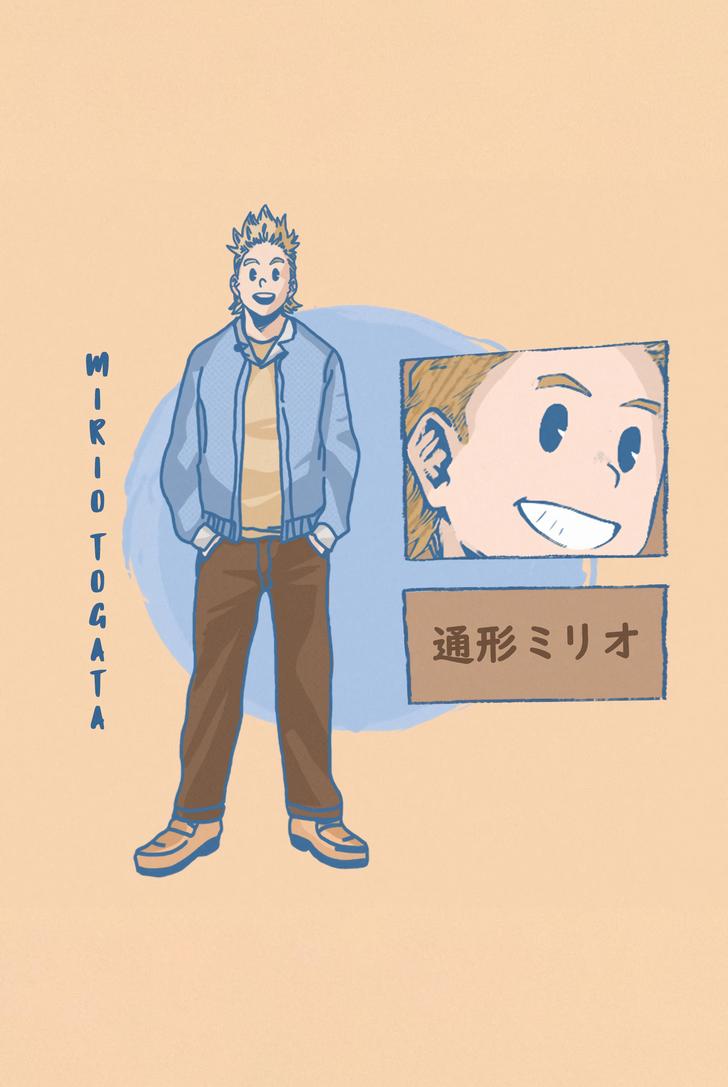 A character setting of Mikoto Togata, a young man with spiky light blue hair and blue eyes. He is wearing a light blue zip-up jacket, a yellow shirt, and brown pants. - My Hero Academia