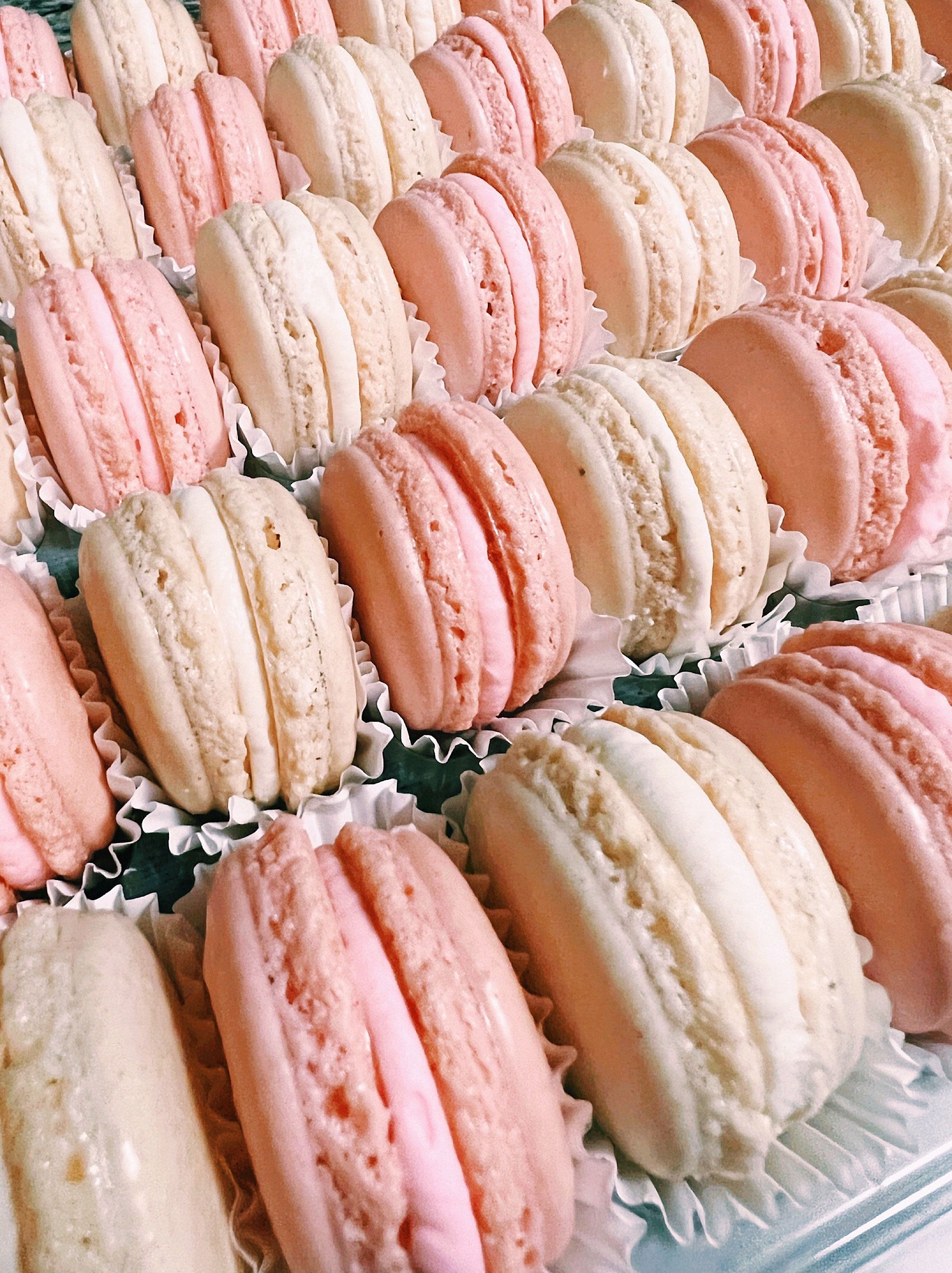 A tray of macarons in shades of pink and white - Macarons