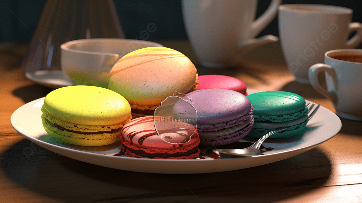 A plate of colorful macaroons and a cup of tea. - Macarons