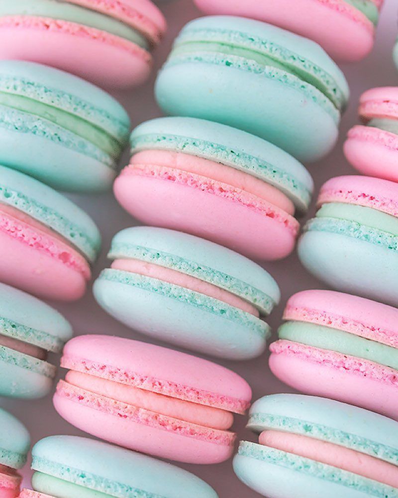 A plate of pink and blue macarons - Macarons