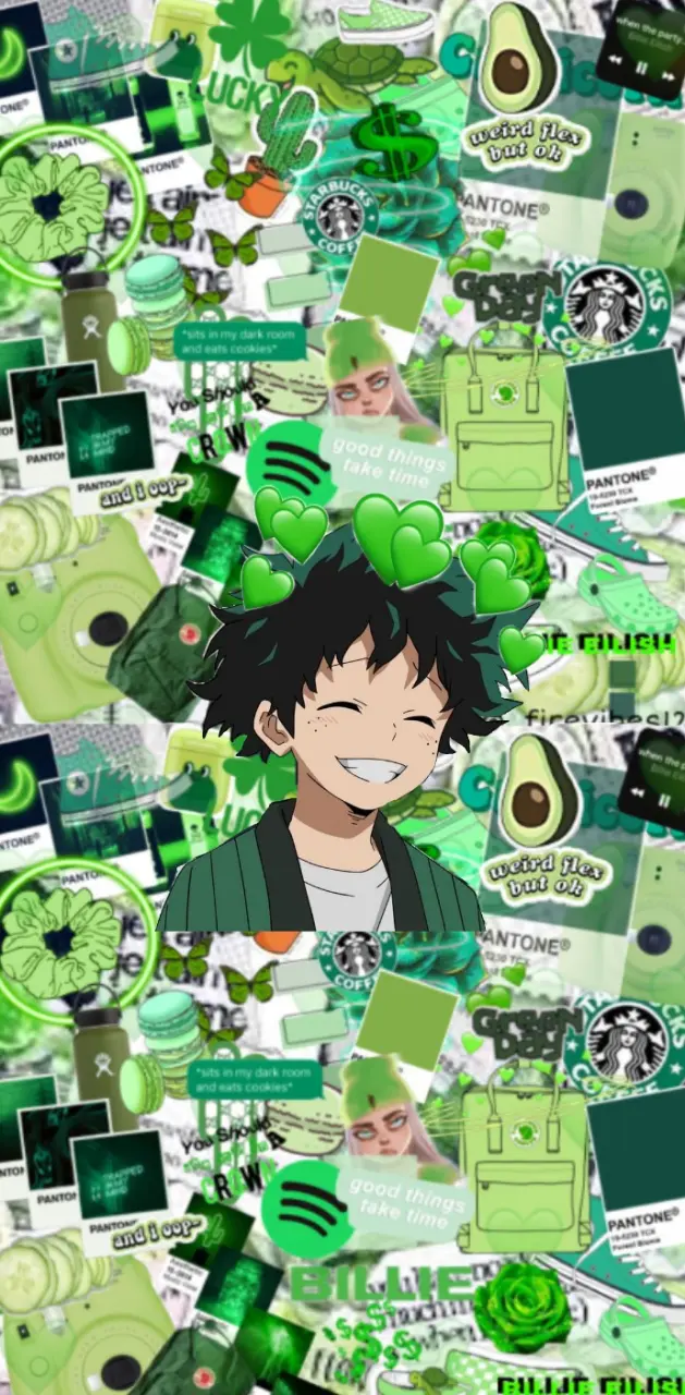 Green aesthetic anime background with a lot of green elements - Deku