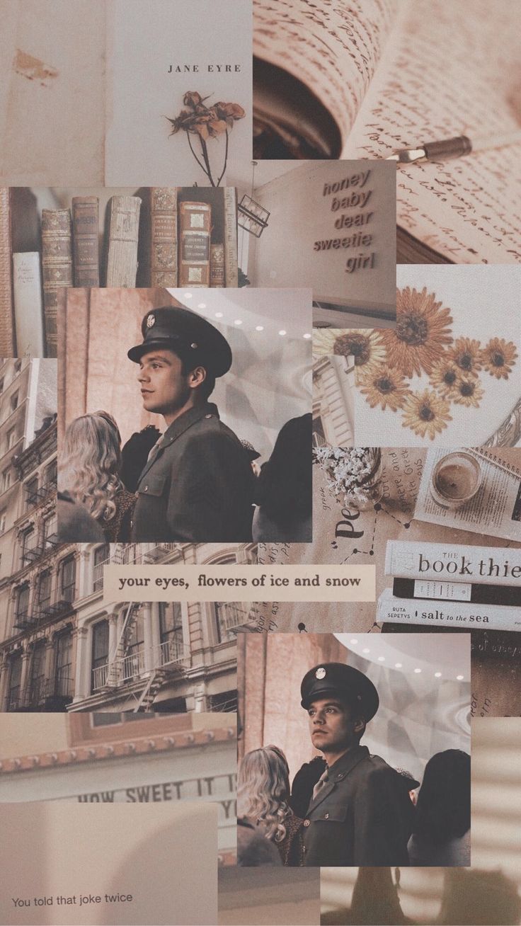 Aesthetic collage of old books, flowers, and a soldier - Bucky Barnes