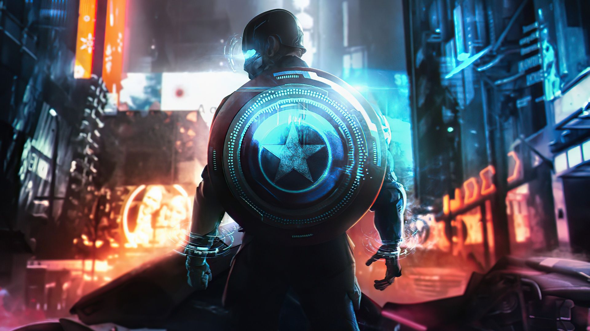 Captain America standing in a neon-lit cyberpunk city - Captain America