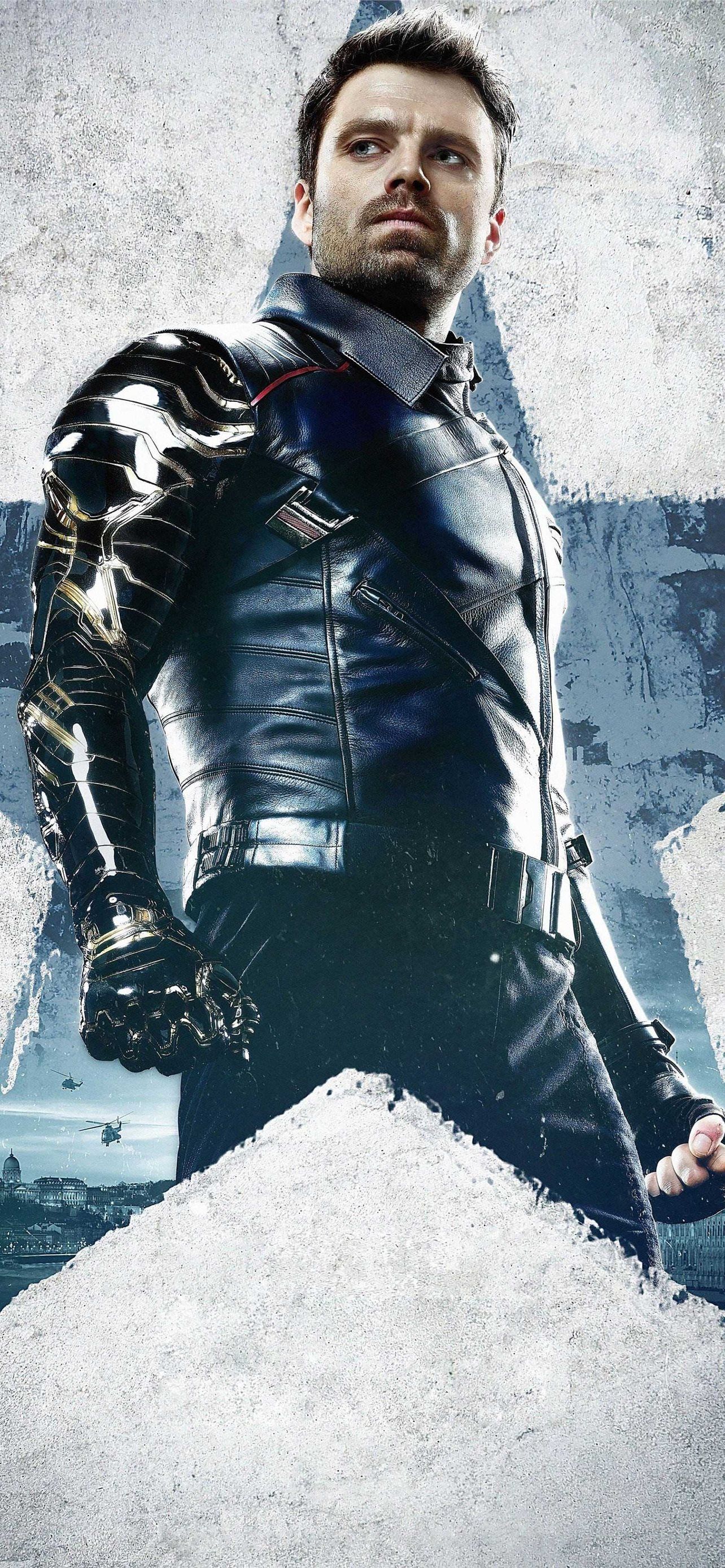 Sebastian Stan as the Winter Soldier in a black leather jacket - Bucky Barnes