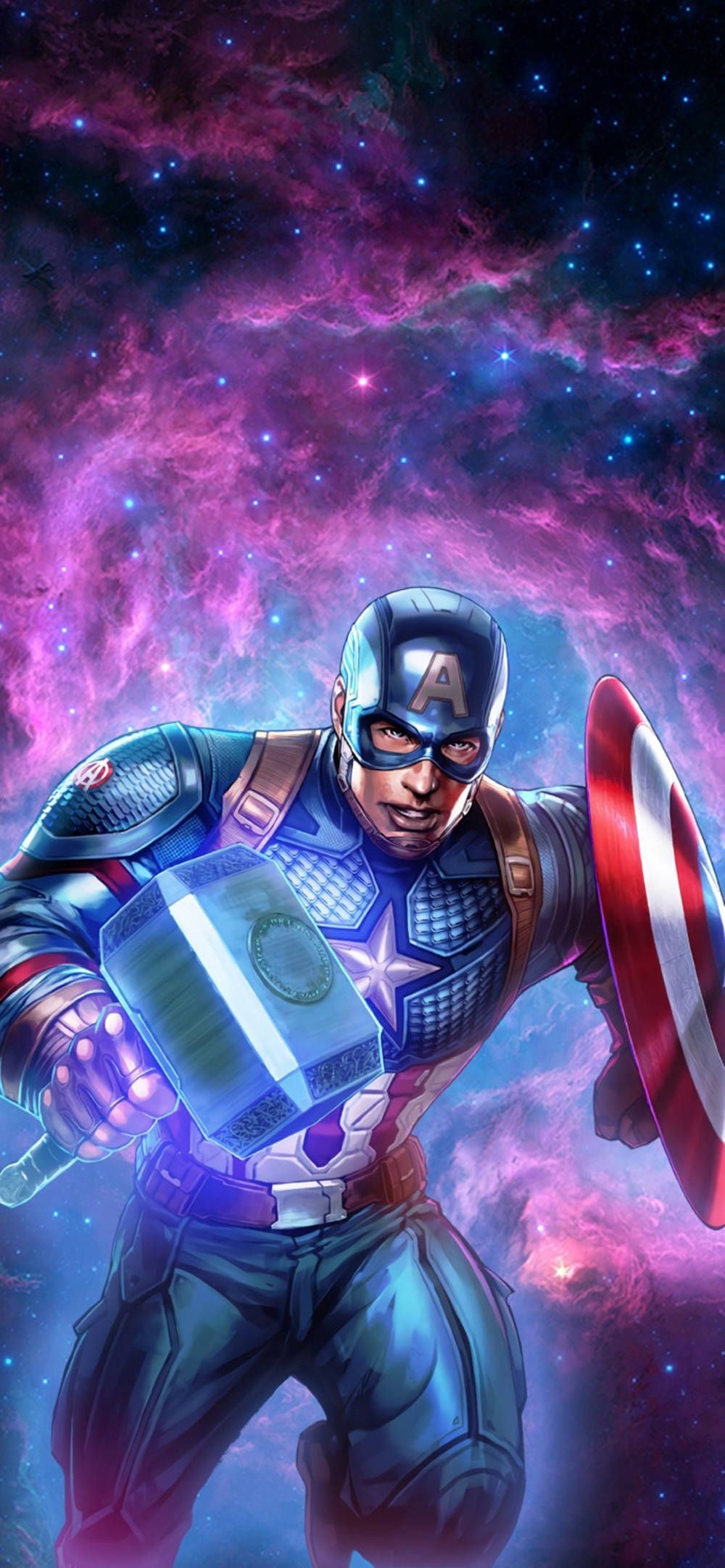 Captain America with Mjolnir and Galaxy Aesthetic wallpaper for iPhone - Captain America