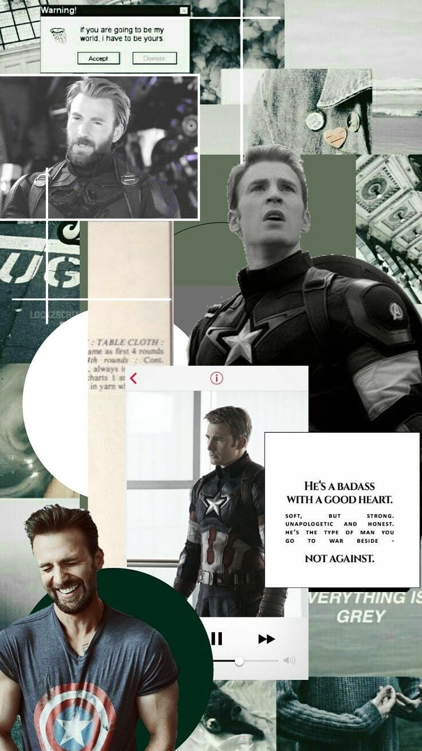 A collage of Captain America images, including Chris Evans as Captain America, quotes, and images of his shield. - Captain America