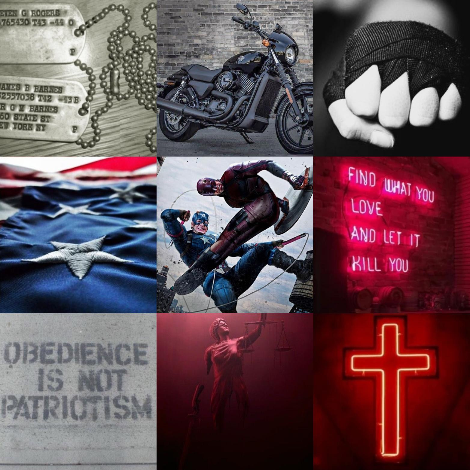A collage of red, black, and white images including a motorcycle, a cross, and a flag. - Captain America