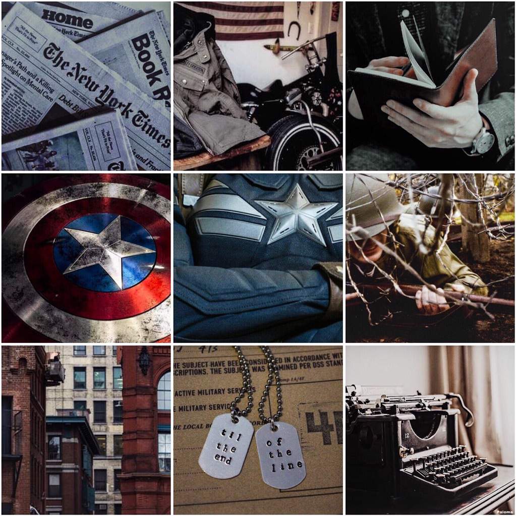 Collage of images including a shield, a typewriter, a motorcycle, and a soldier's uniform. - Captain America