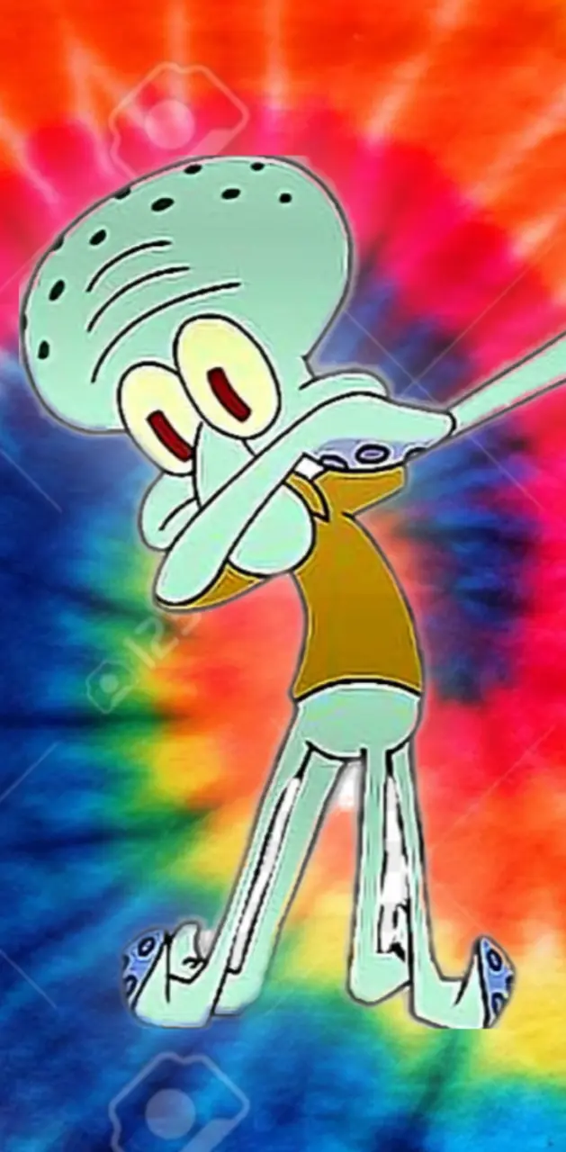 A tie-dye background with a cartoon character holding a baseball bat. - Squidward