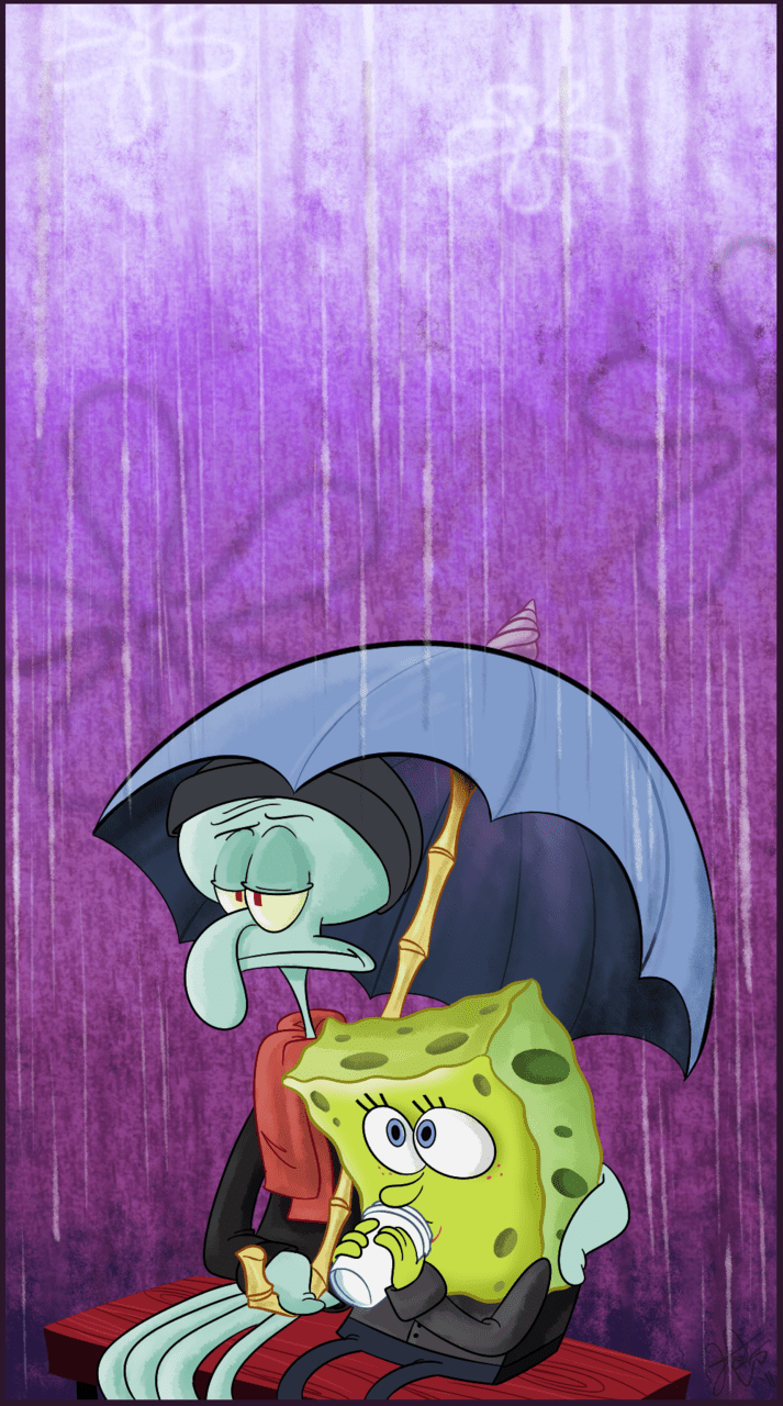 Squidward and Spongebob share an umbrella in the rain. - Squidward