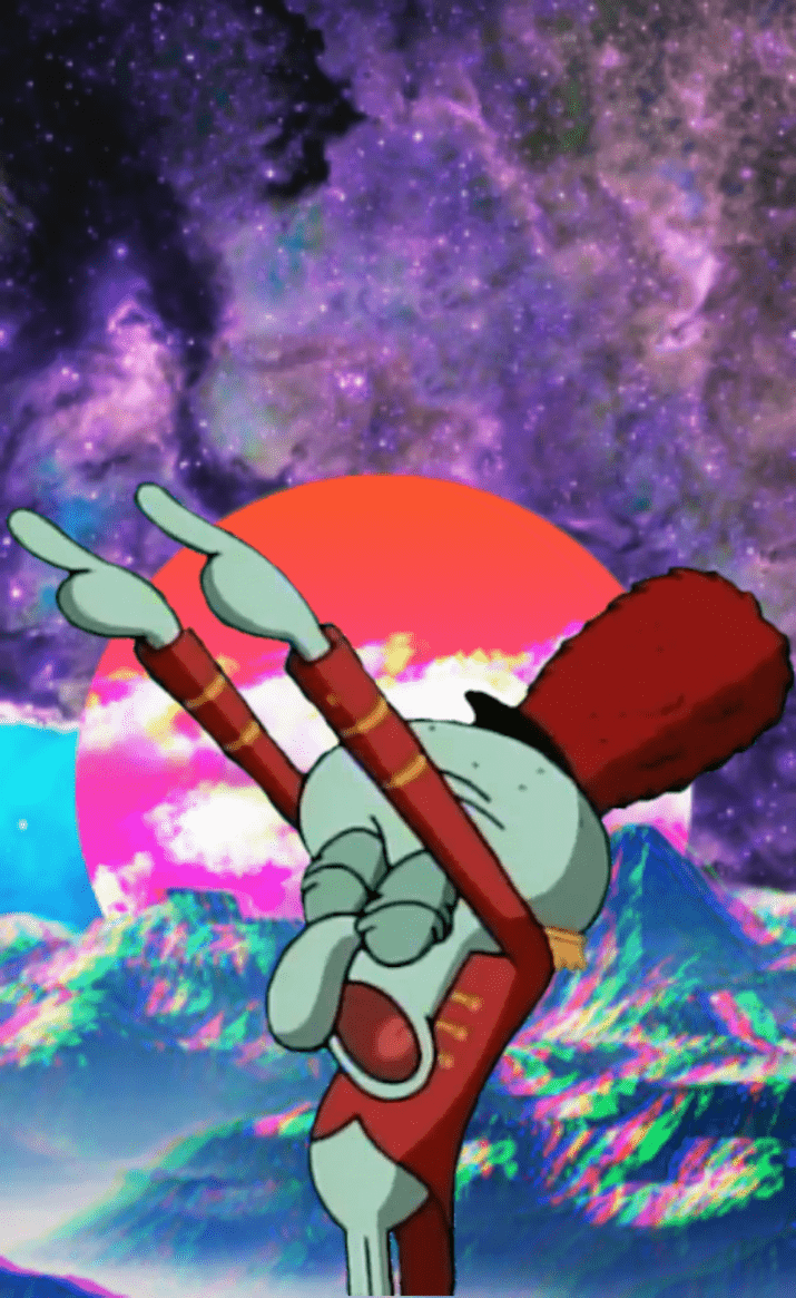A rabbit with a red hat on, holding up two peace signs - Squidward