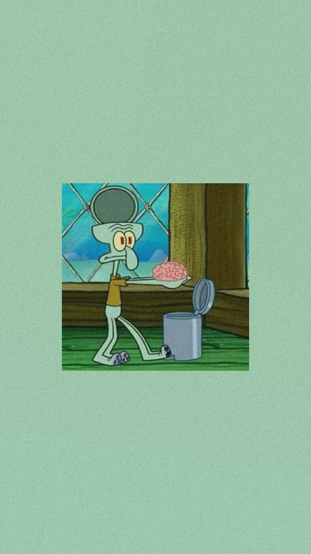 A cartoon squid holding a tray with a brain on it - Squidward