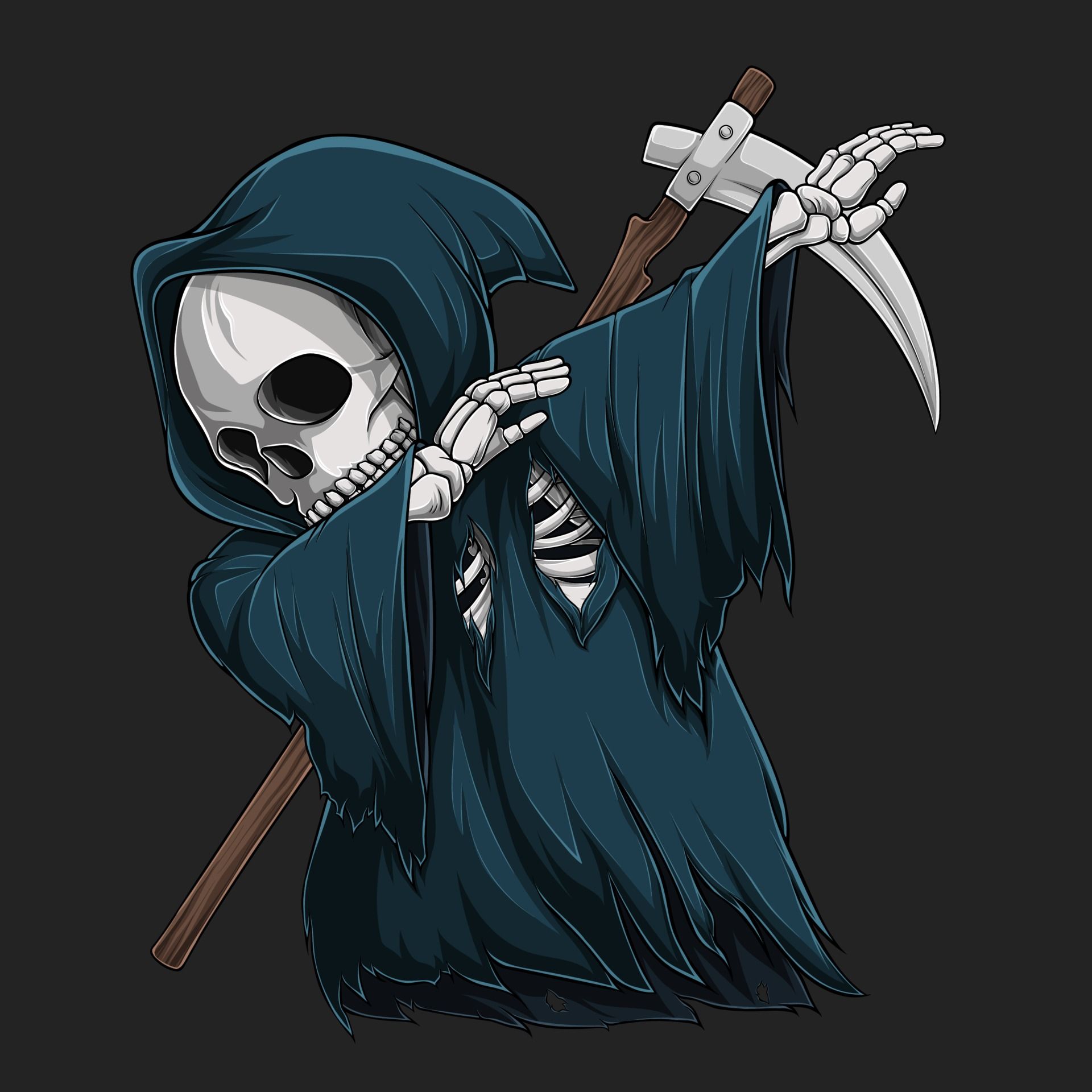 A skeleton in a black hooded cloak, holding a scythe. - Dab dance