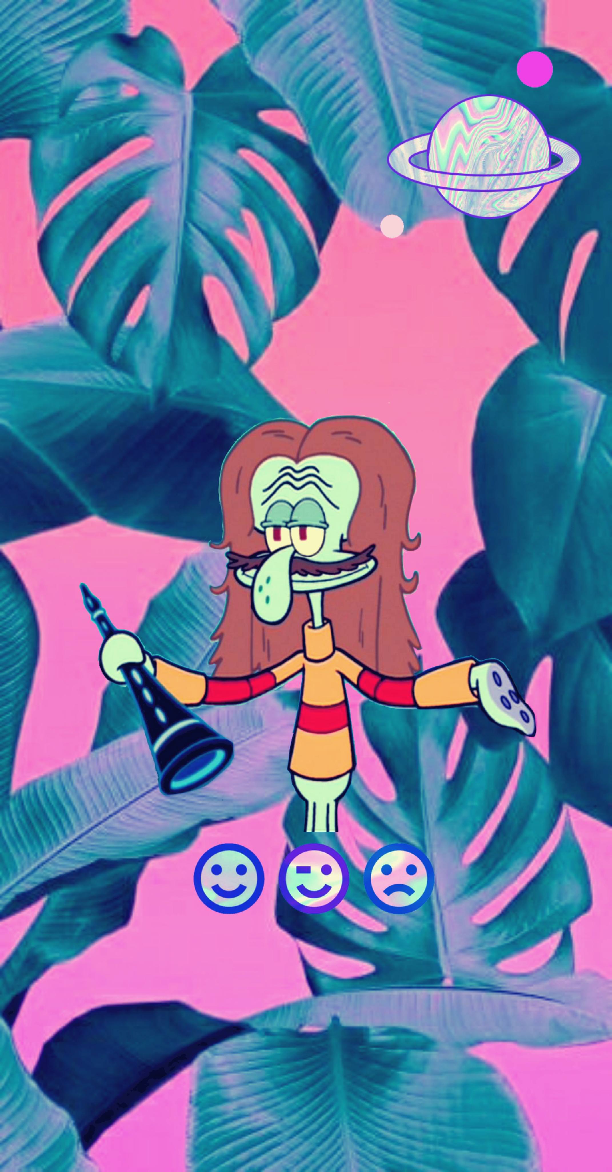 Aesthetic background of Squidward with a pink background and green leaves - Squidward