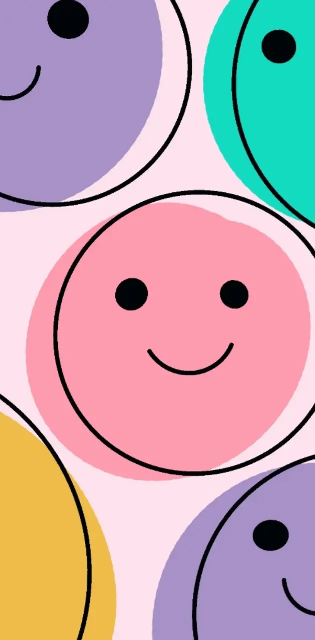 Aesthetic phone wallpaper of pastel smiley faces on a pink background - Smiley