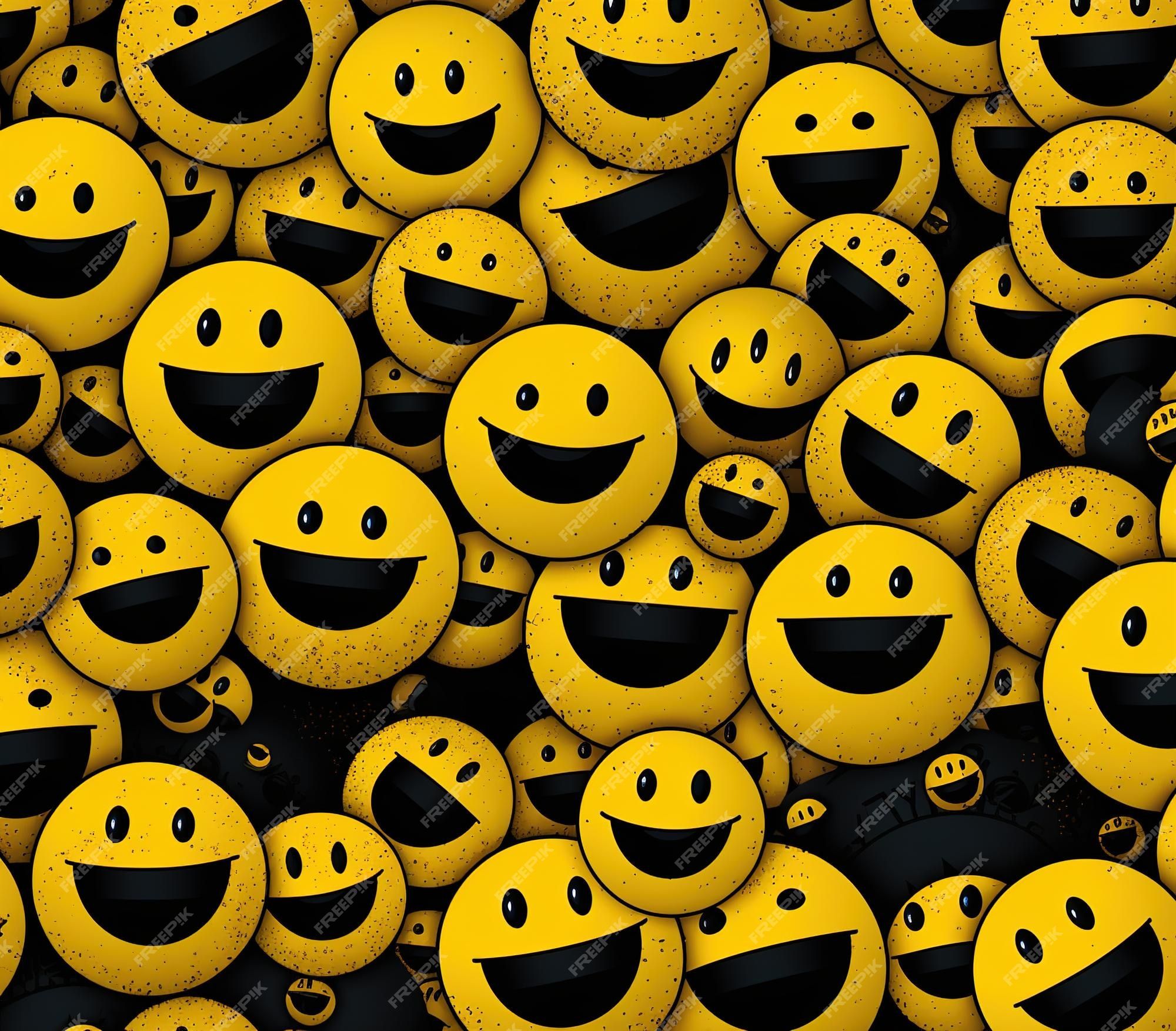 Many yellow smiley faces with black eyes and mouth are piled together on a black background. - Smiley