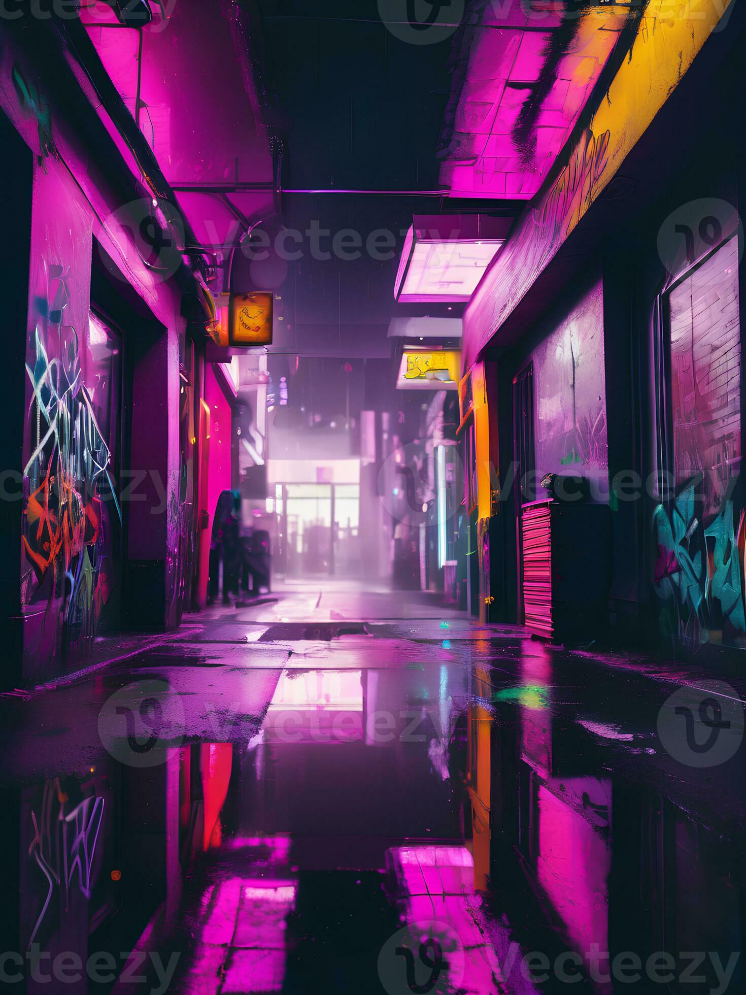Cyberpunk 80s style street at night with neon lights and a rainy photo - Dark vaporwave