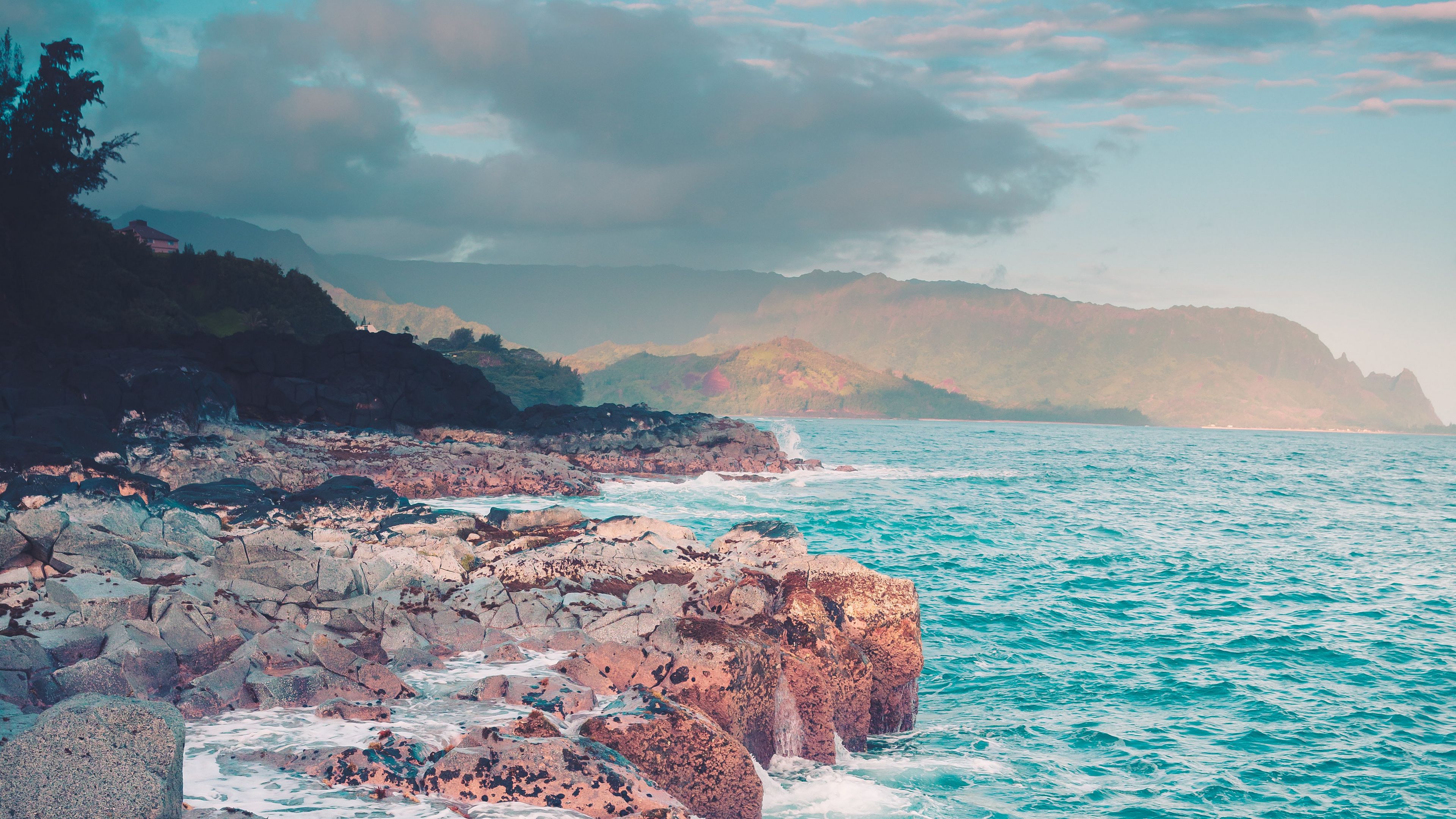 Rocky shore with mountains in the background - Coast