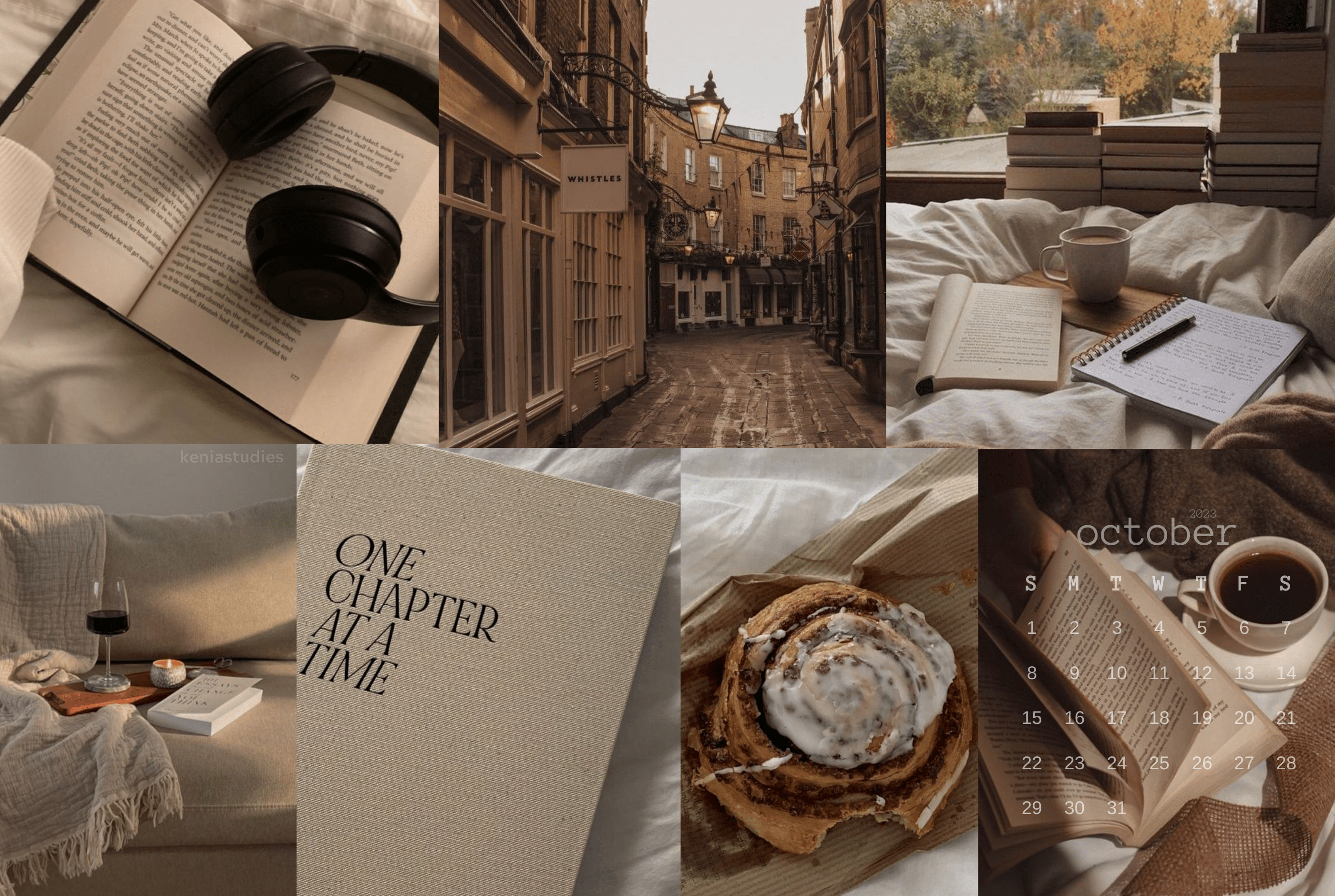 A collage of photos including books, coffee, headphones, and a cinnamon roll. - Paper