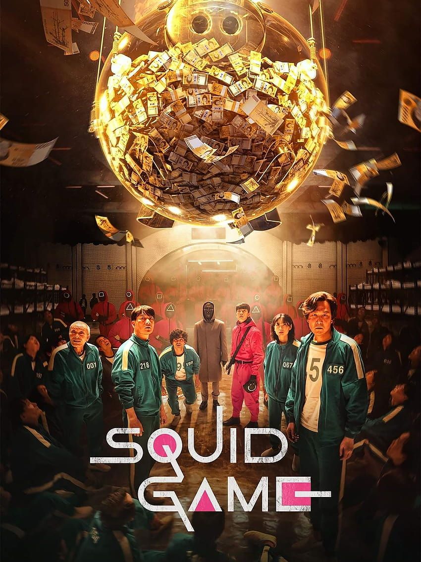 A poster for the squid game with people in front of a giant sphere - Squid Game
