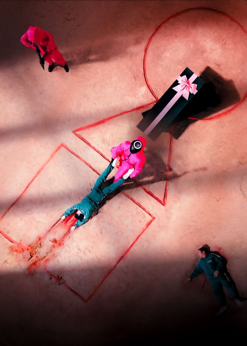 A person in a pink jacket is lying on the ground with a knife in their back - Squid Game