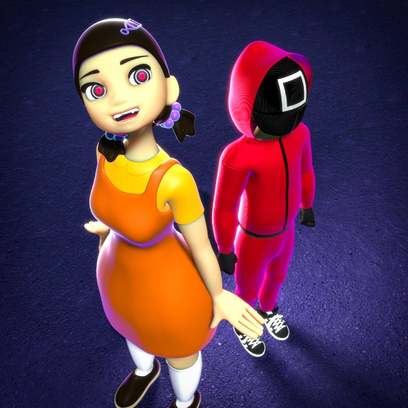 A woman in a yellow dress and a man in a red suit - Squid Game