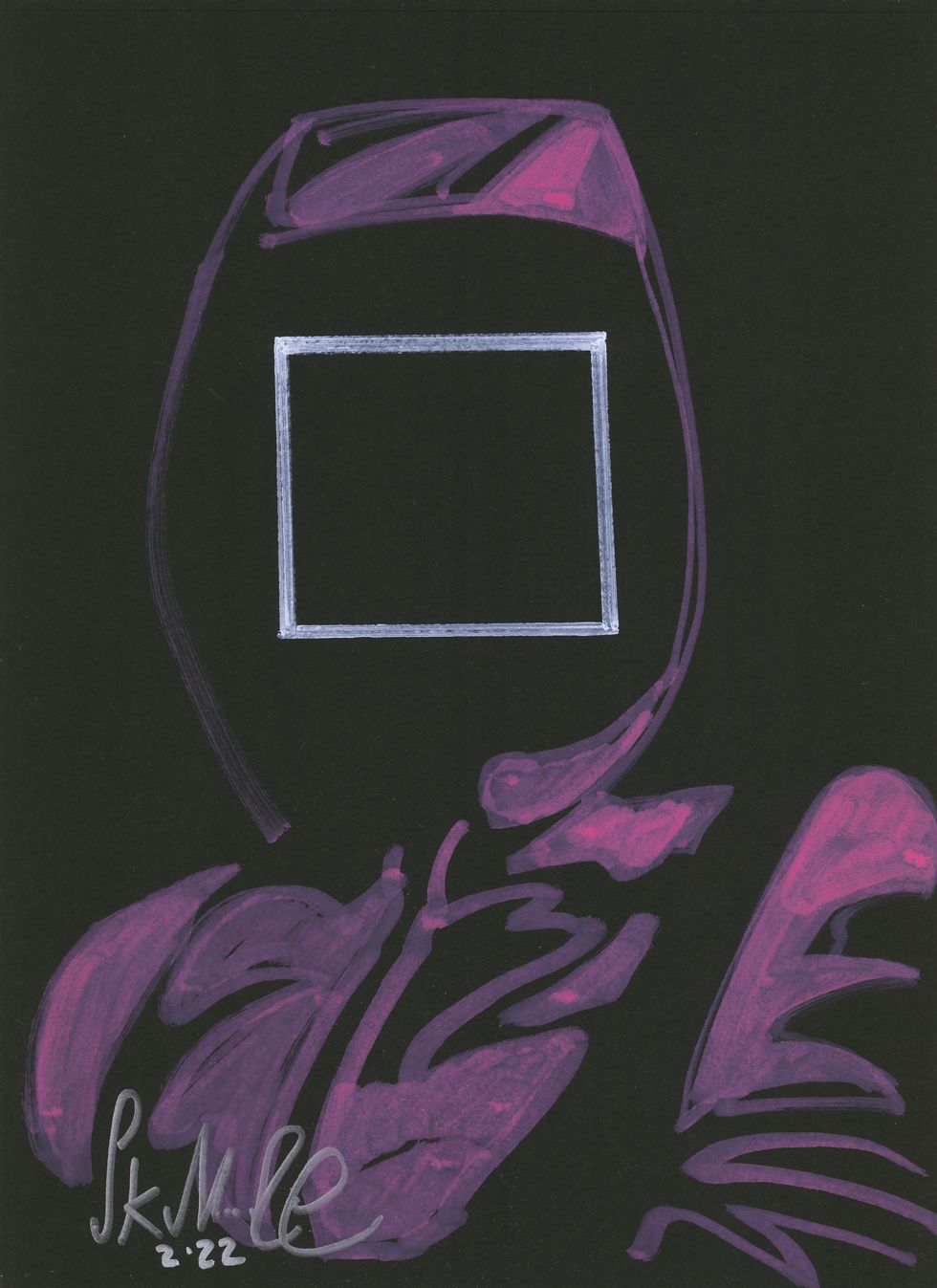 An abstracted portrait of a person wearing a mask, with the eyes of the mask as a square. - Squid Game