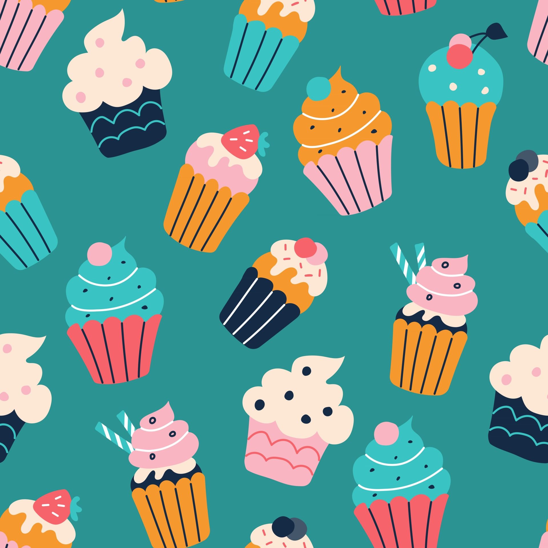 A set of bright colorful cupcakes in the style of flat doodles. Vector seamless pattern. Wallpaper, packaging paper design, fabrics