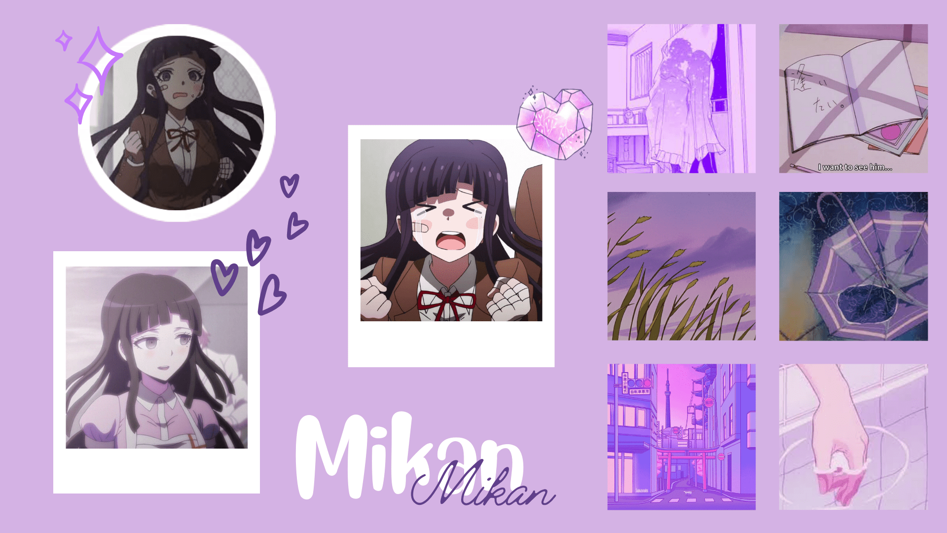 A collage of pictures of Mikan from the anime series 