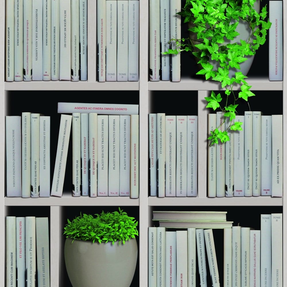 A bookshelf with many books and two potted plants. - Bookshelf