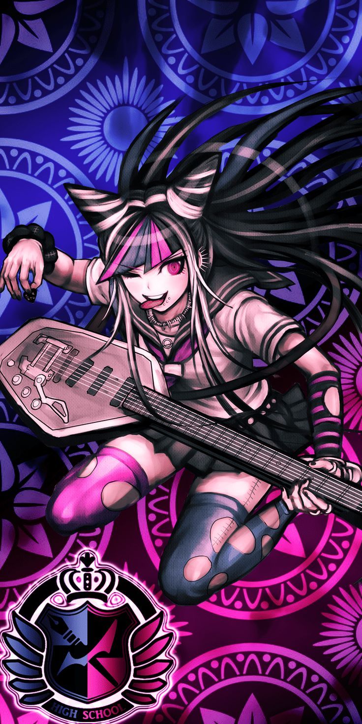 A picture of a girl with black hair and pink eyes playing a guitar. - Danganronpa