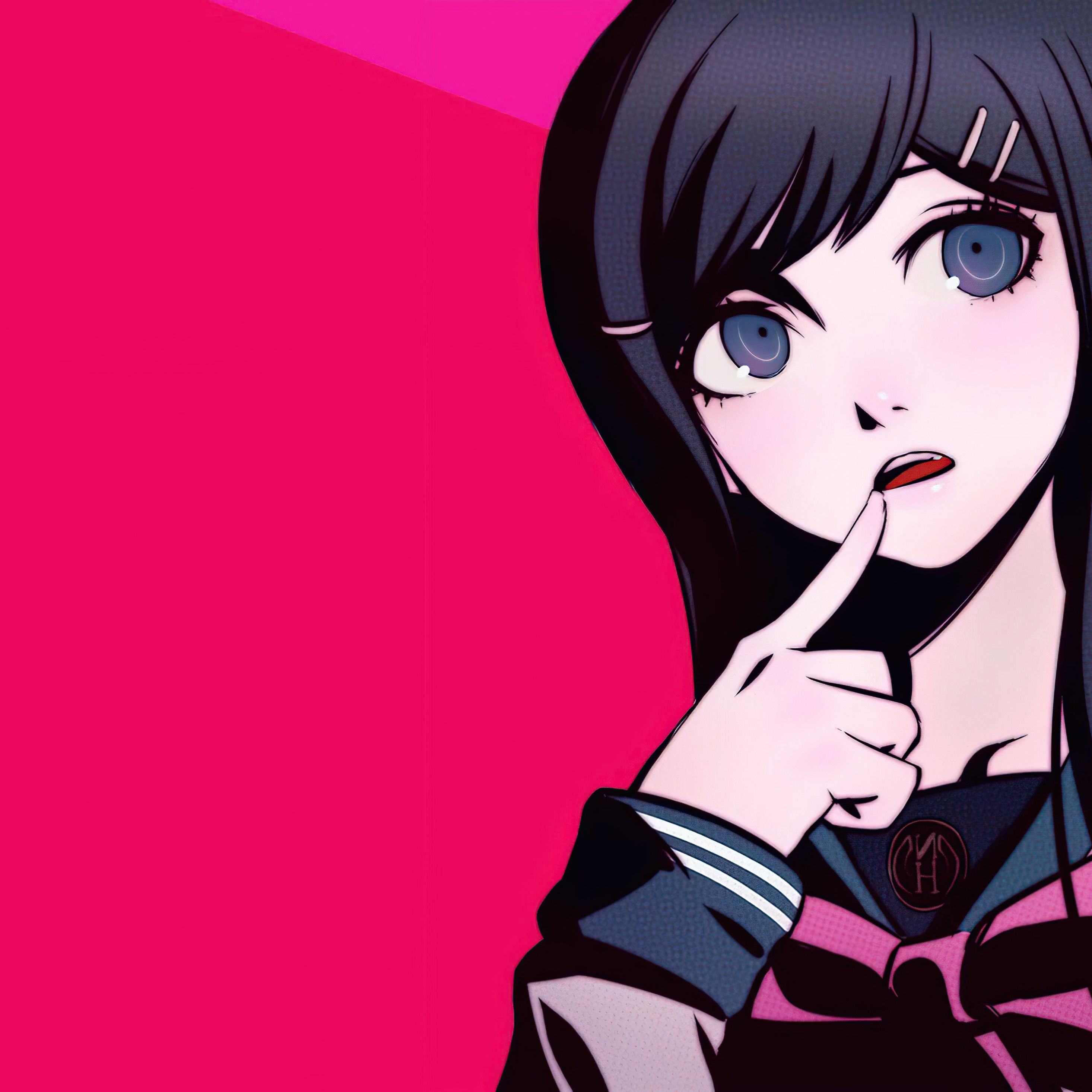 Anime girl with black hair and blue eyes in a pink background - Danganronpa