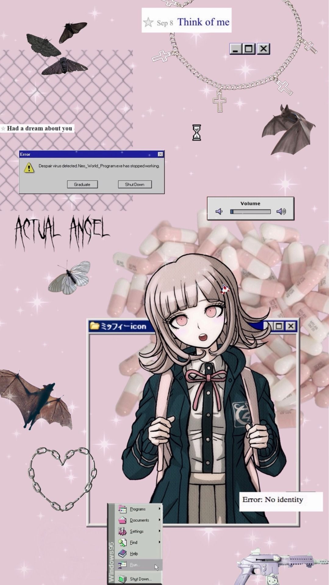 A girl with a pink background and some bats - Danganronpa