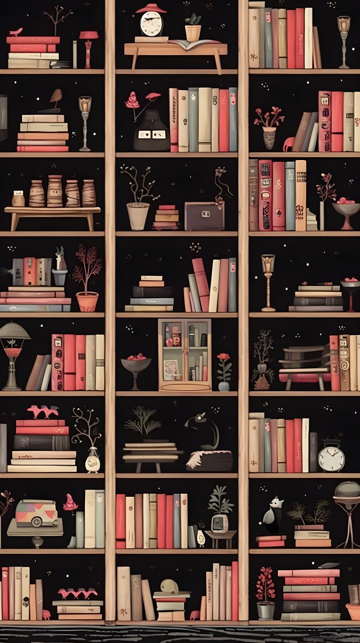Illustration of a bookshelf with many books, plants, and knick knacks. - Bookshelf