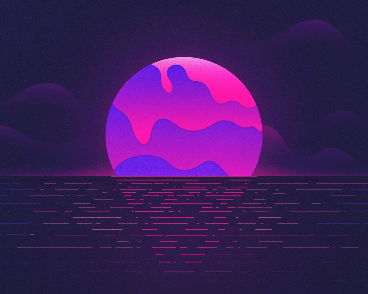 An illustration of a purple and pink sun setting over water - 1280x1024