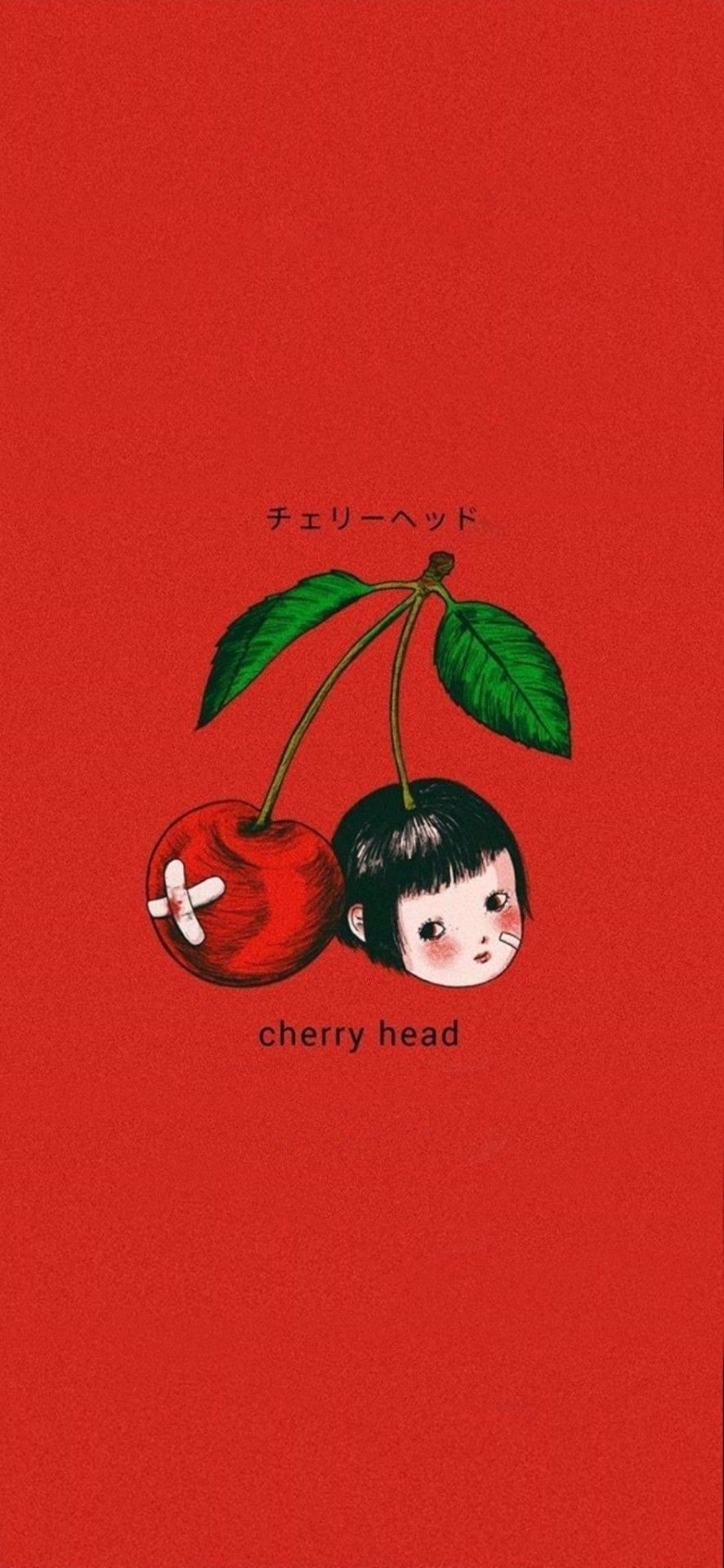 A red background with a black haired girl peeking out from a cherry. - Cherry