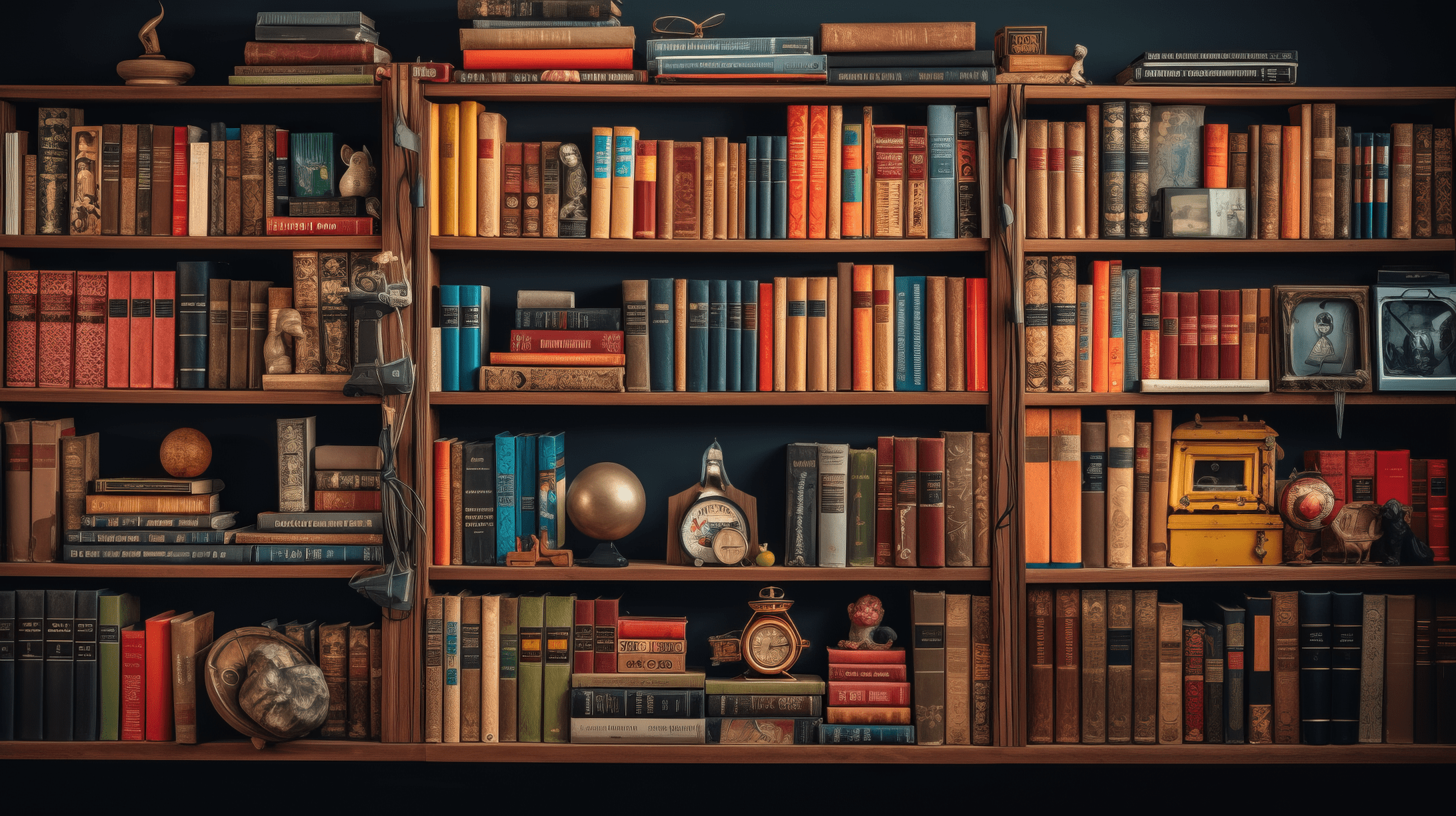 A bookshelf with many books and other knick knacks. - Bookshelf, library