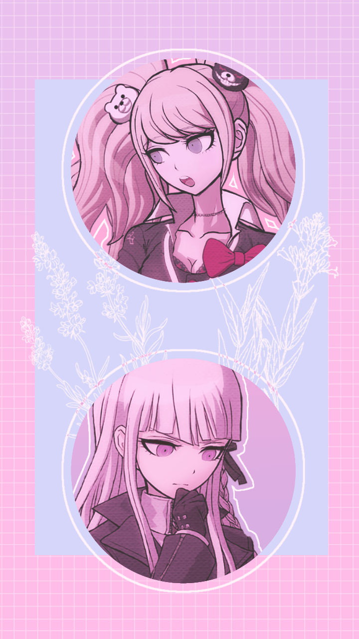 Two anime girls with long pink hair, one with a bow and one with a black cat. - Danganronpa