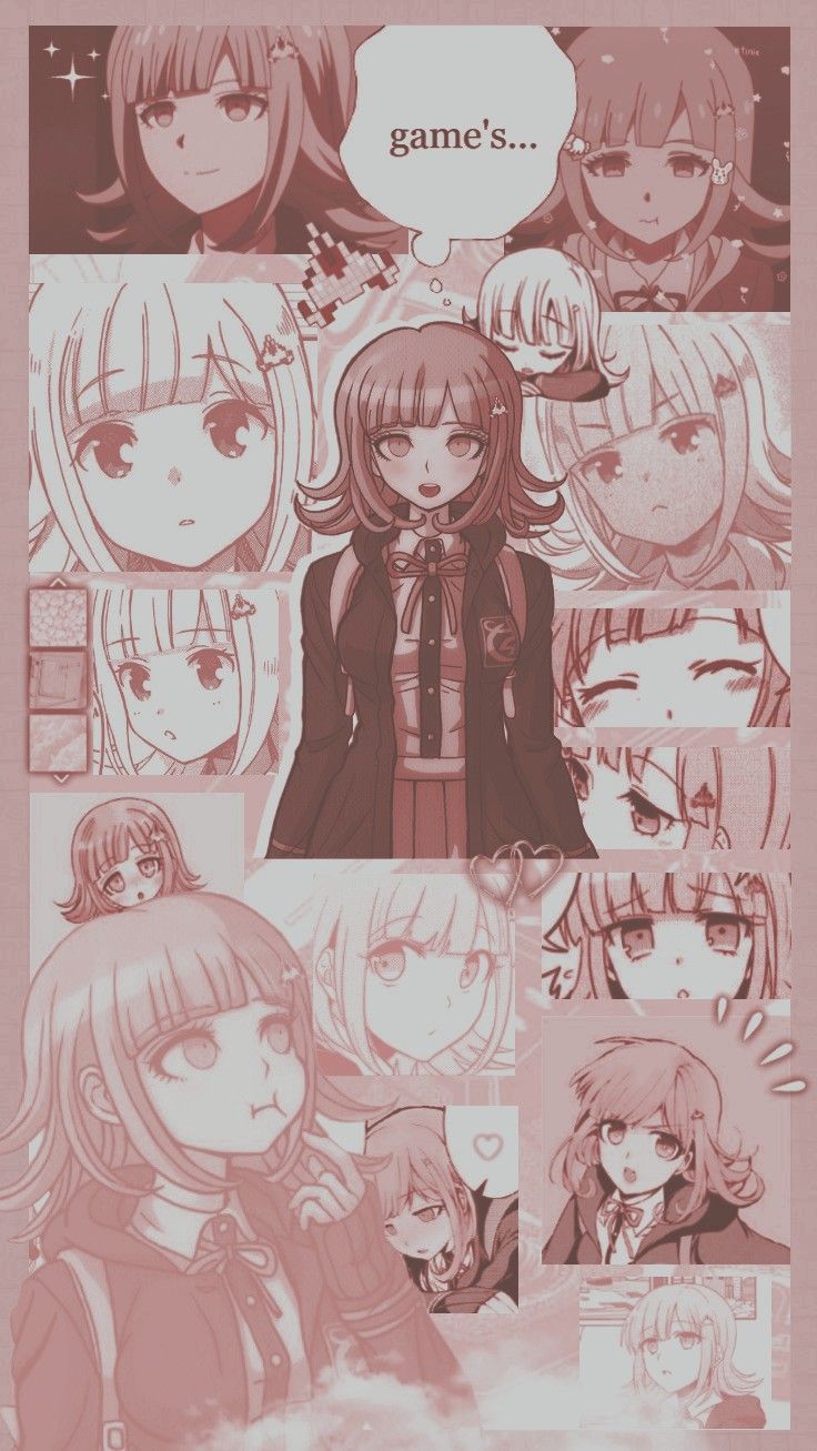 Anime girl with different expressions and the word game's - Danganronpa