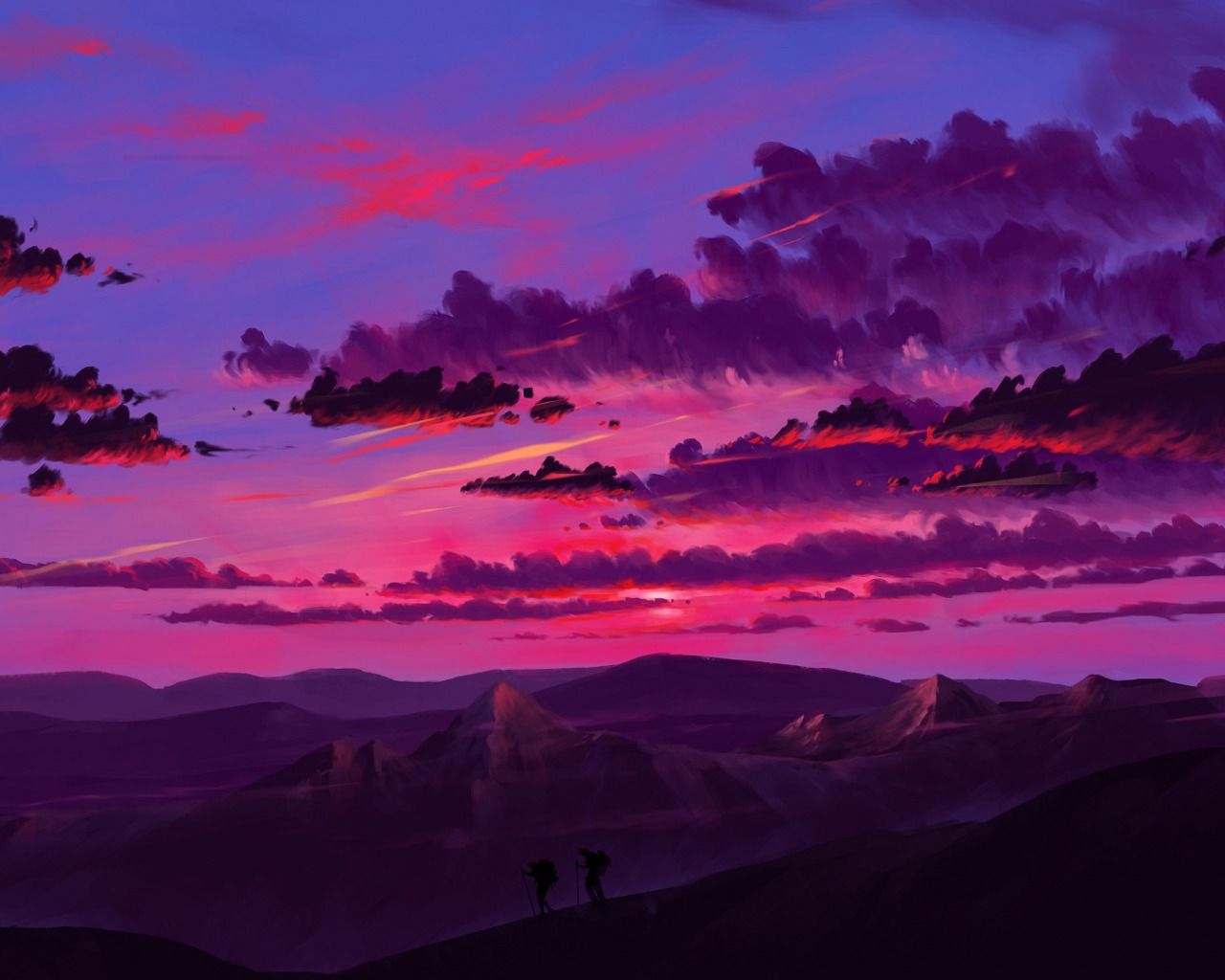 A breathtaking sunset over the mountains with silhouetted figures of two people trekking. The sky is painted in shades of pink, purple, and blue with fluffy clouds. - 1280x1024