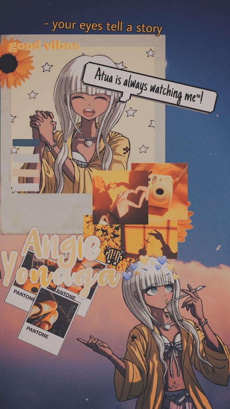 Aesthetic collage of anime characters and polaroid pictures on a blue background - Danganronpa