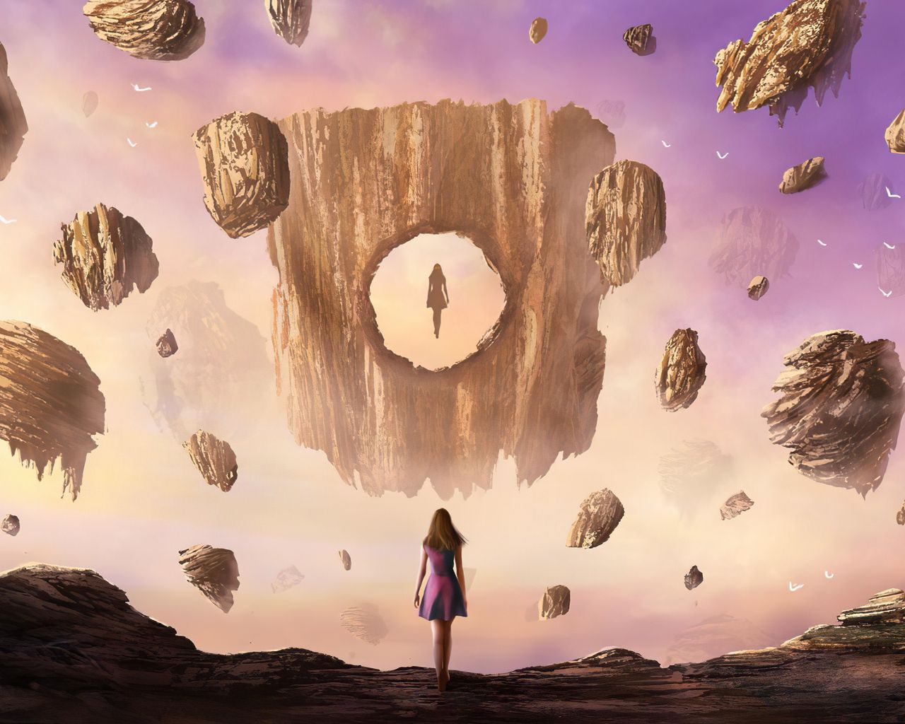 A woman standing in a rocky desert with floating rocks and a portal to another world. The image has a dreamy, surreal aesthetic. - 1280x1024