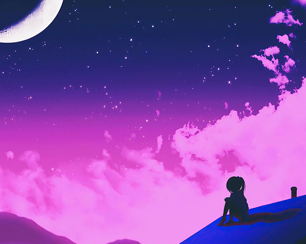 Anime girl sitting on a hill looking at the stars - 1280x1024